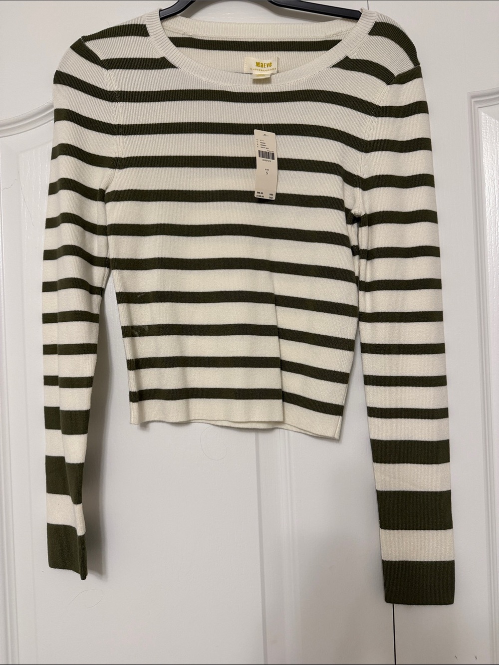 Maje Olive & White Striped Long-Sleeve Crewneck Top
